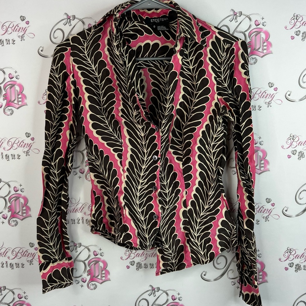 Etcetera 100% silk button down luxe Pink cream Black brown Leaf Pattern Blouse